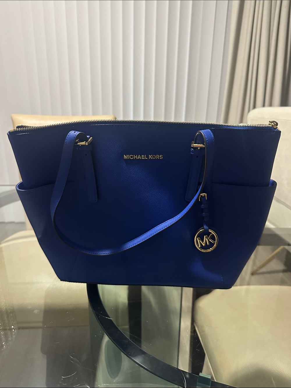 Michael Kors Electric Blue Saffiano Tote with Gold Hardware